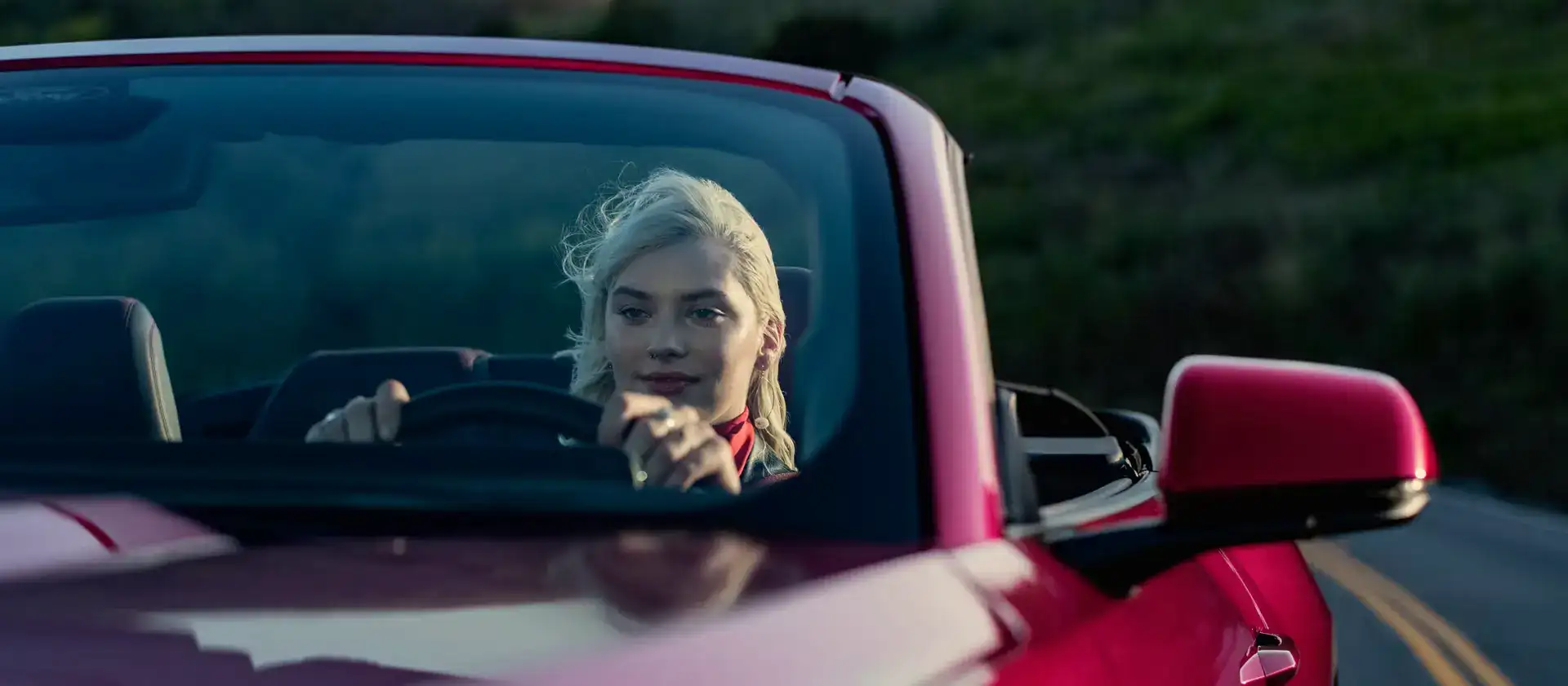 2025 Ford Mustang Red Convertible driven by beautiful blonde woman boss lady