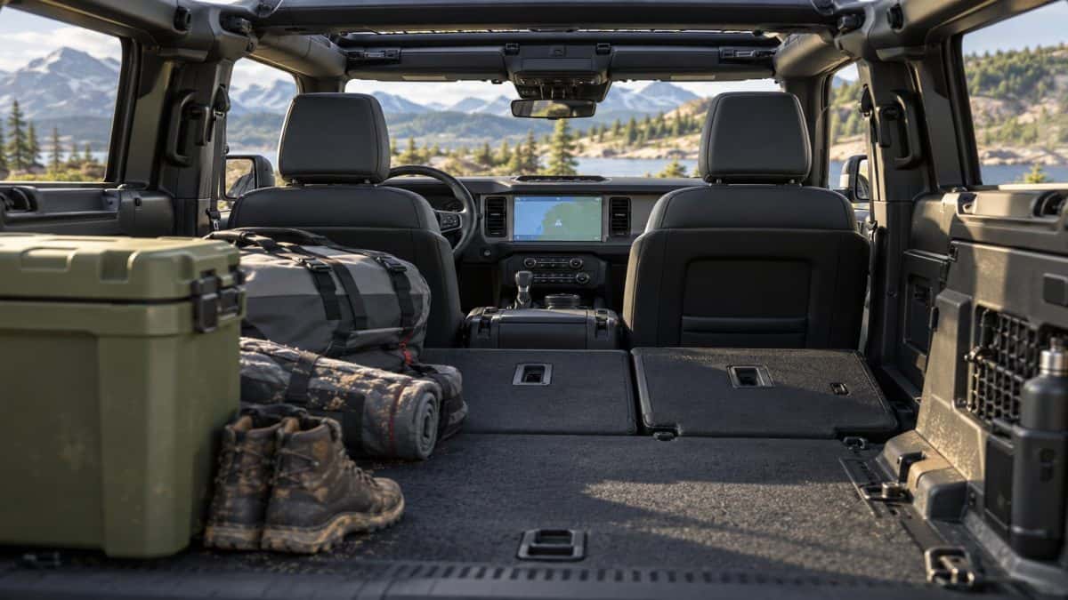 Ford Bronco cargo area with folded rear seats and outdoor gear