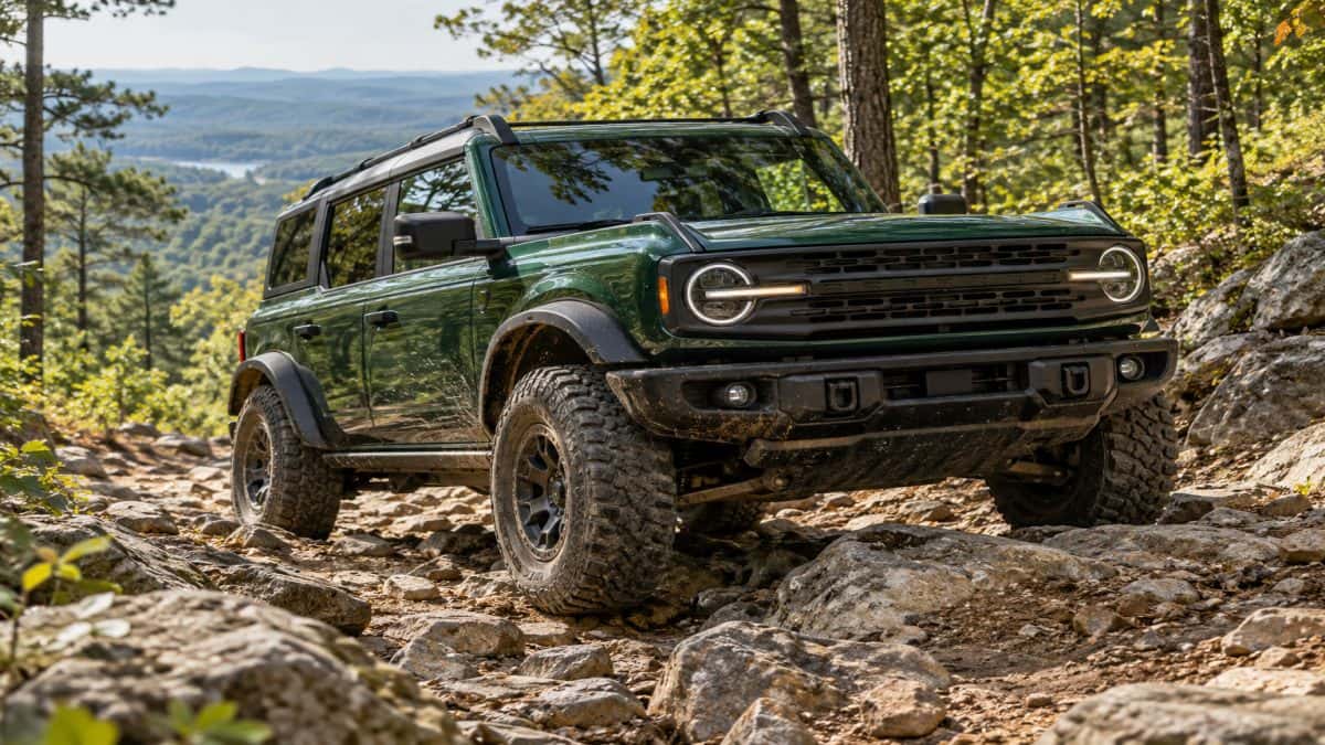 2026 Ford Bronco driving over rocky terrain on a forest trail