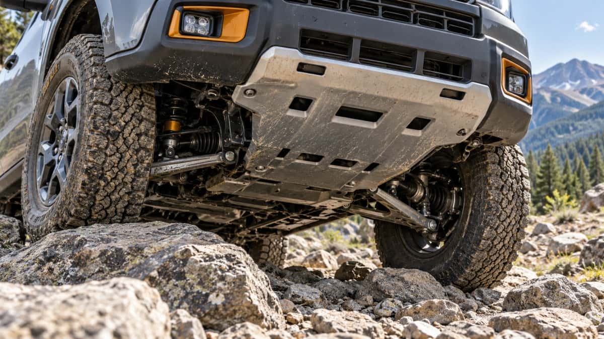 Ford Maverick Tremor skid plates and front suspension clearing rocky terrain
