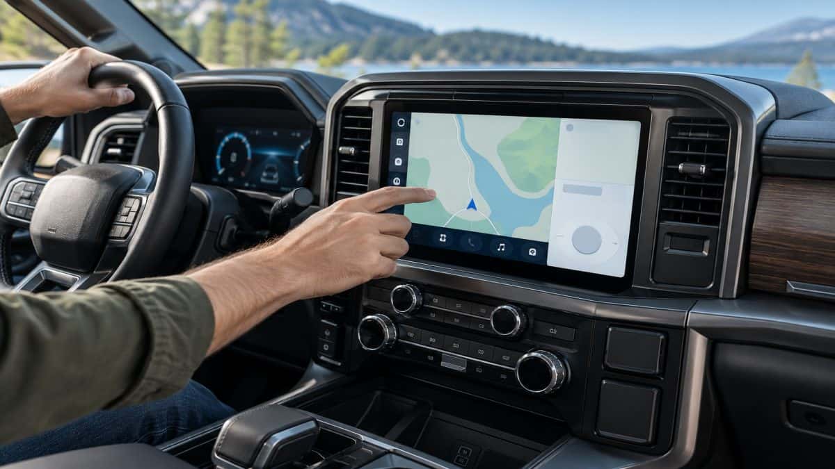 Driver using navigation on a Ford SYNC 4A touchscreen