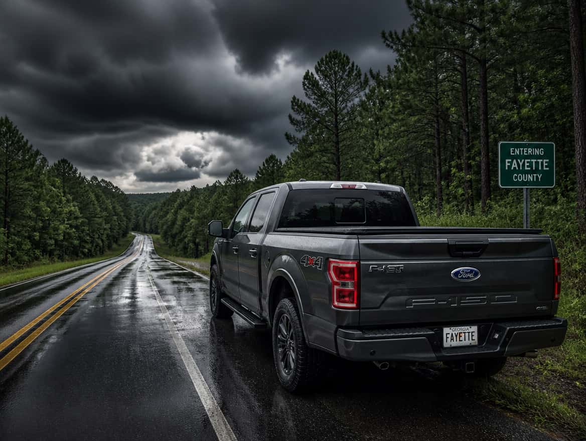 2026 Ford F-150 4x4 on a wet pine-lined Georgia road with storm clouds building overhead