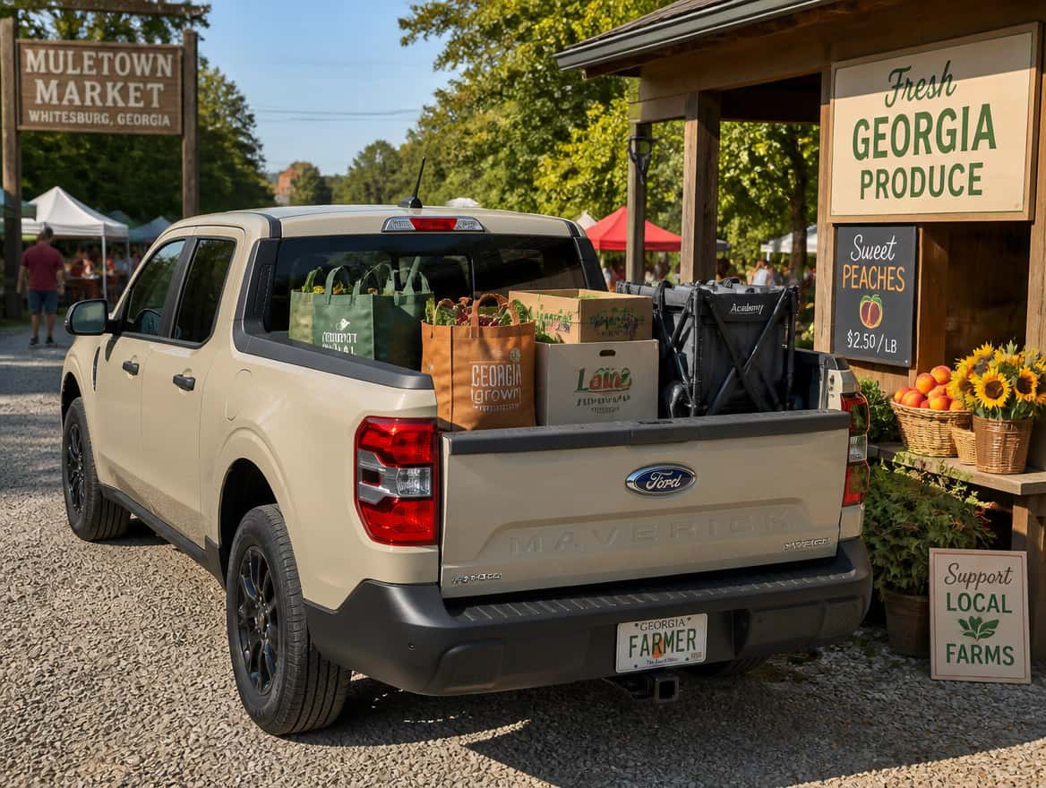 2026 Ford Maverick bed loaded with farmers market produce and tote bags at a Fayetteville GA outdoor market