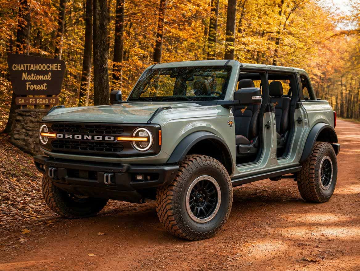 2026 Ford Bronco four-door on a Georgia gravel forest road in fall foliage