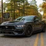2026 Ford Mustang on a scenic fall drive along a two-lane road in Fayette County, Georgia