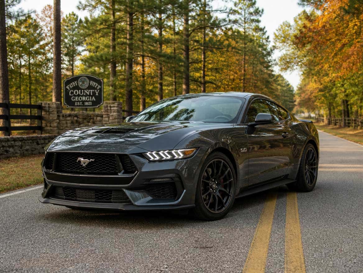 2026 Ford Mustang on a scenic fall drive along a two-lane road in Fayette County, Georgia