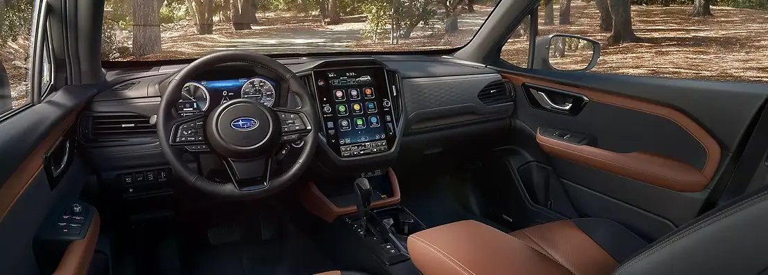 Cockpit and dashboard of the 2026 Subaru Forester with two-tone upholstery