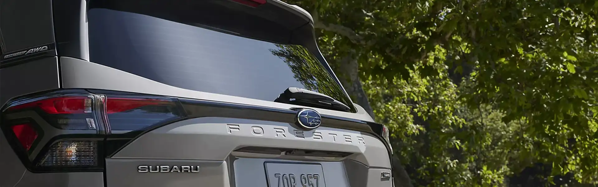 Close-up of the rear FORESTER and Subaru badging and taillight on a silver 2026 Subaru Forester