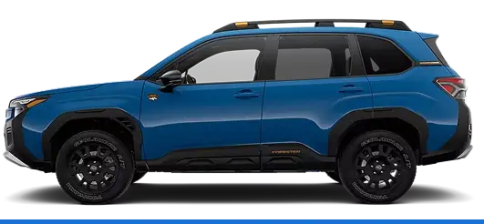 2026 Subaru Forester Wilderness in blue with black off-road wheels, side profile