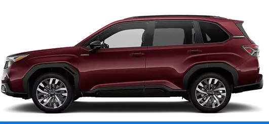 2026 Subaru Forester Touring Hybrid in burgundy, side profile