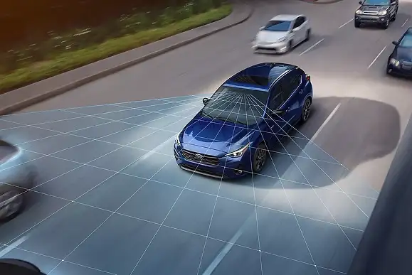 Overhead view of a blue 2026 Subaru Impreza with EyeSight sensing zones highlighting surrounding traffic