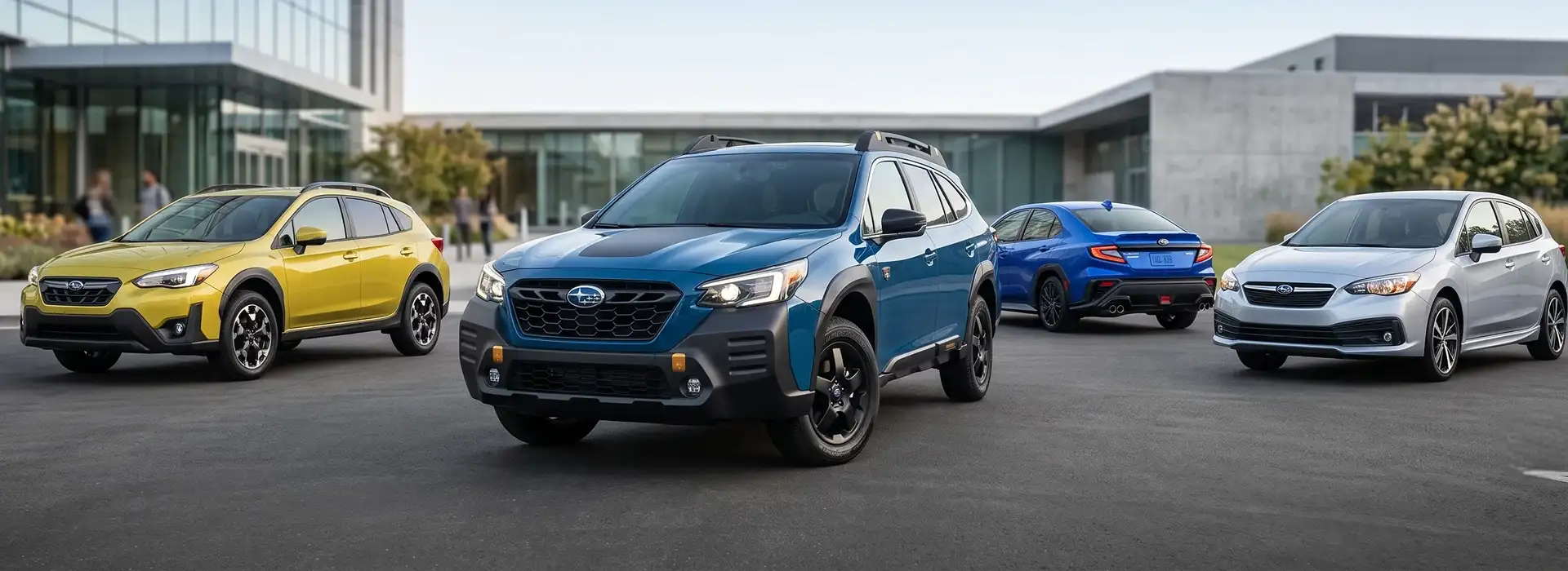 Lineup of four Subaru vehicles — a yellow Crosstrek, blue Outback Wilderness, blue WRX, and silver Impreza — parked in front of a modern glass building