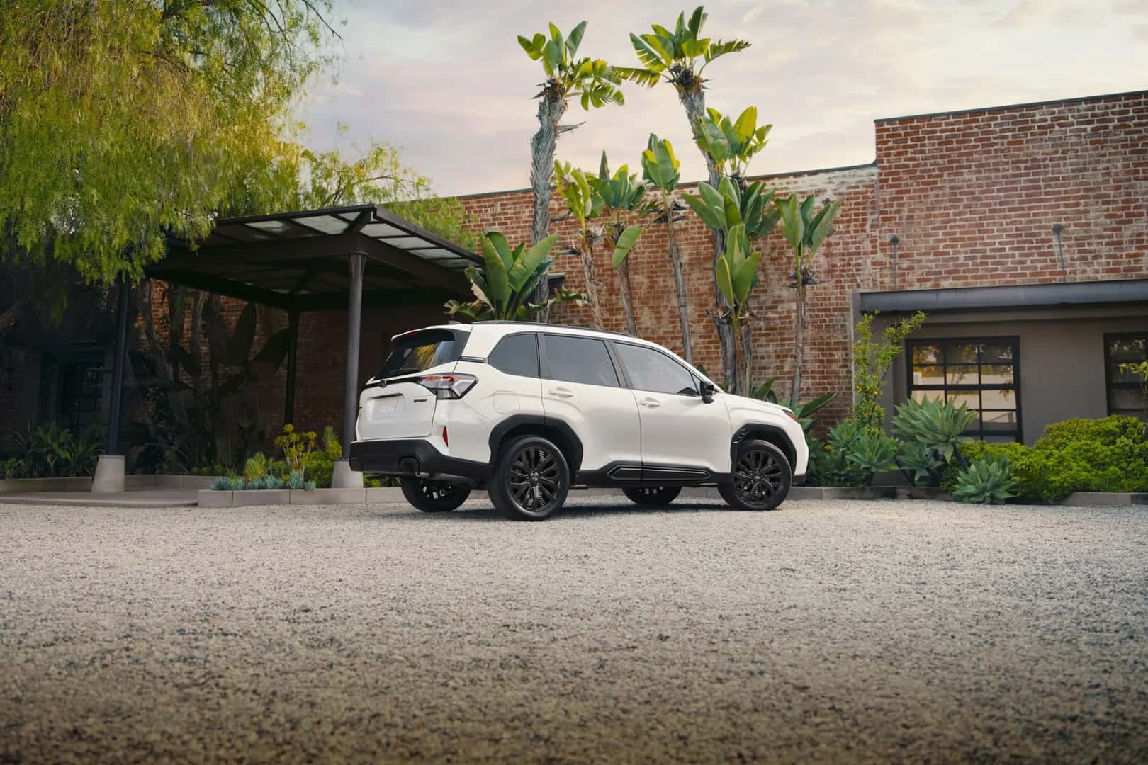 A 2026 Subaru Forester Sport parked at a brick courtyard — representing the 2026 Subaru SUV lineup at Subaru of Las Vegas