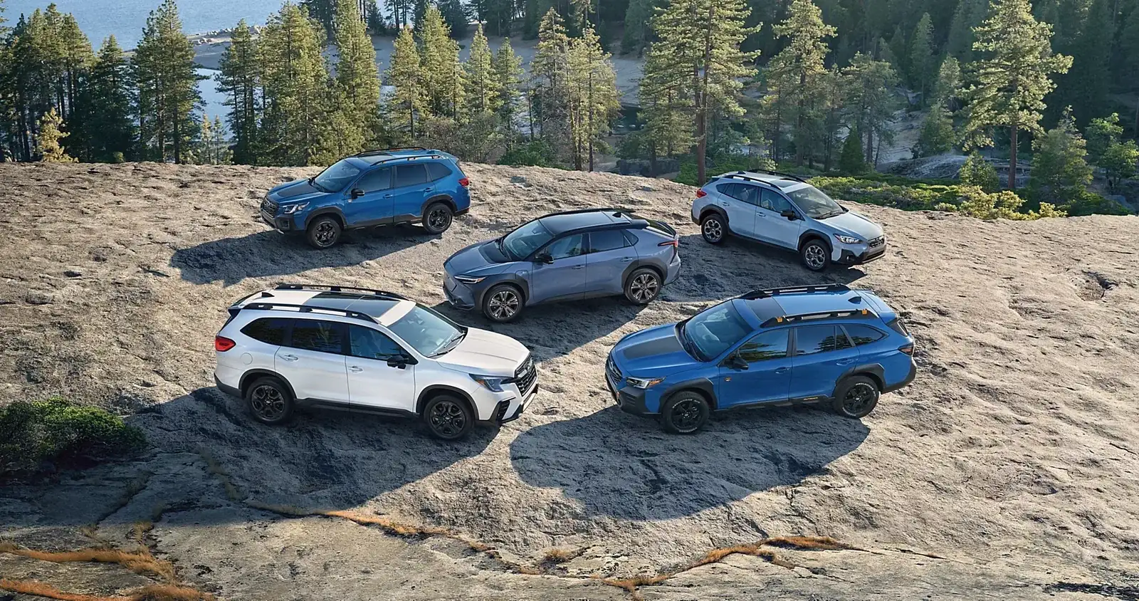 The Subaru SUV lineup together on a rocky overlook: Crosstrek, Forester, Solterra, Outback, and the three-row Ascent