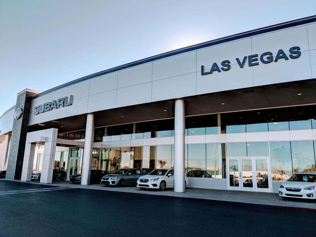 The Findlay Subaru of Las Vegas showroom exterior on Roy Horn Way, with the Subaru Las Vegas signage above the entrance