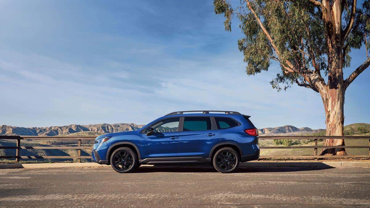A 2026 Subaru Ascent Onyx three-row SUV in blue parked at a scenic overlook, standard Symmetrical All-Wheel Drive