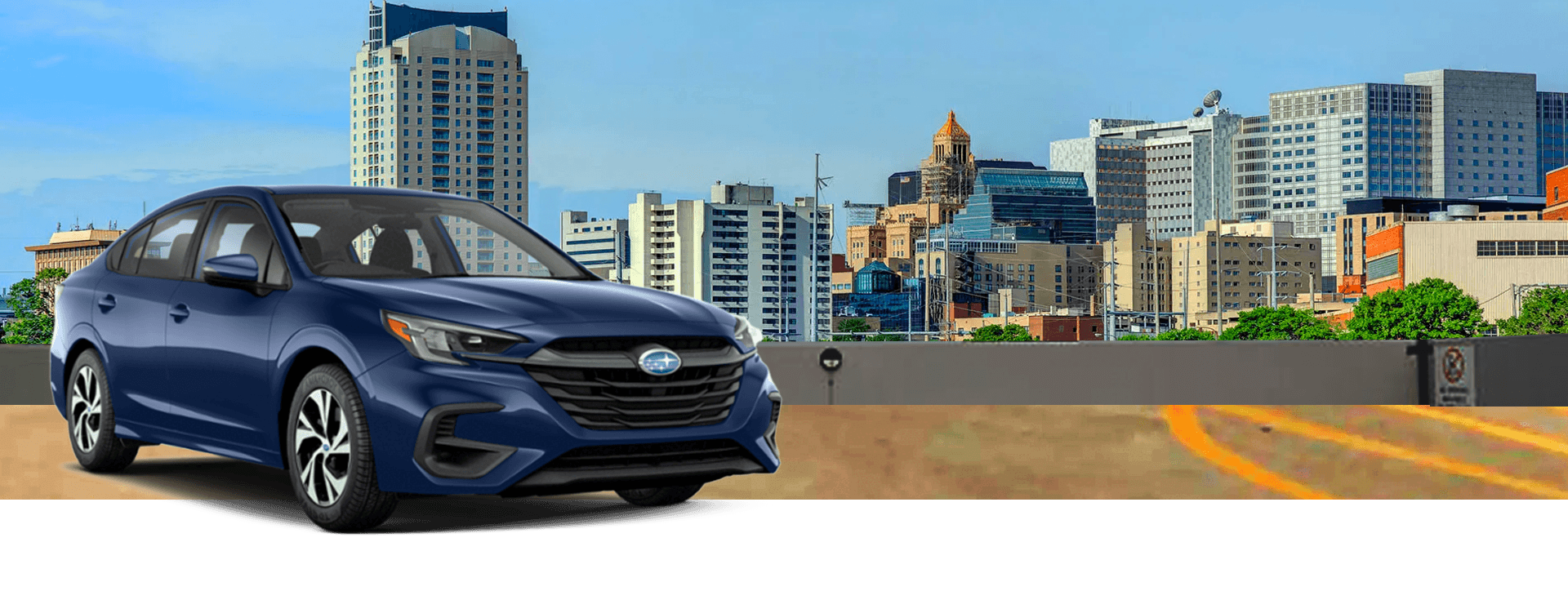 2023 Subaru Legacy Blue with the Rochester Skyline