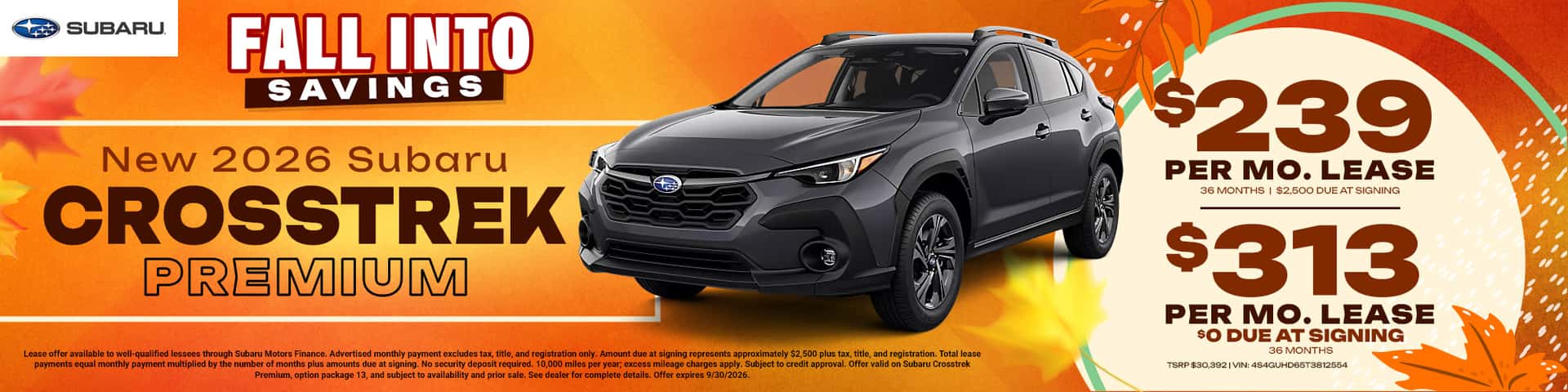 2026 Subaru Crosstrek: $313/month for 36 months w/ $0 down or $239/month for 36 months w/ $2500 down