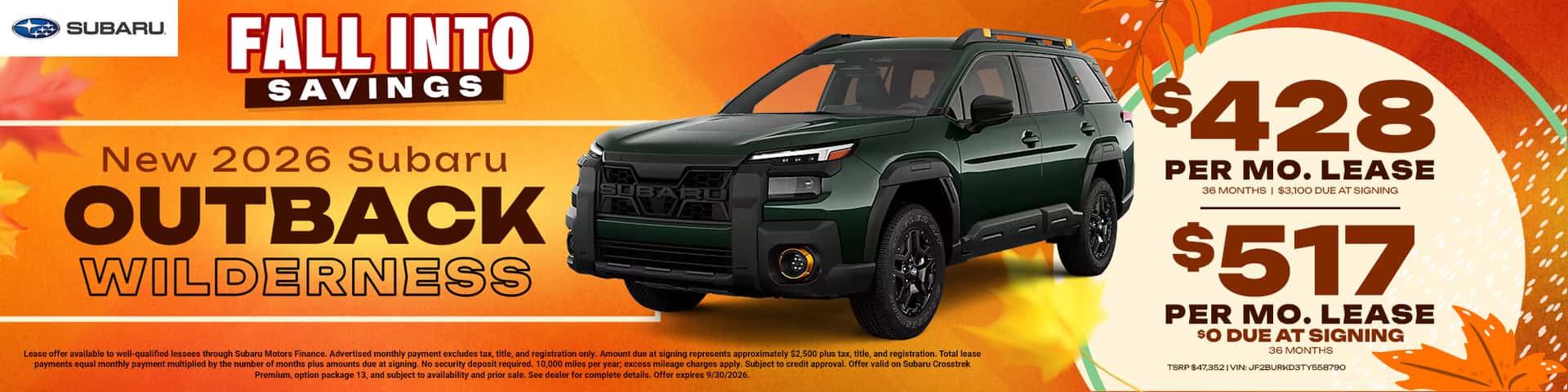 2026 Subaru Outback: $517/month for 36 months w/ $0 down or $428/month for 36 months w/ $3100 down