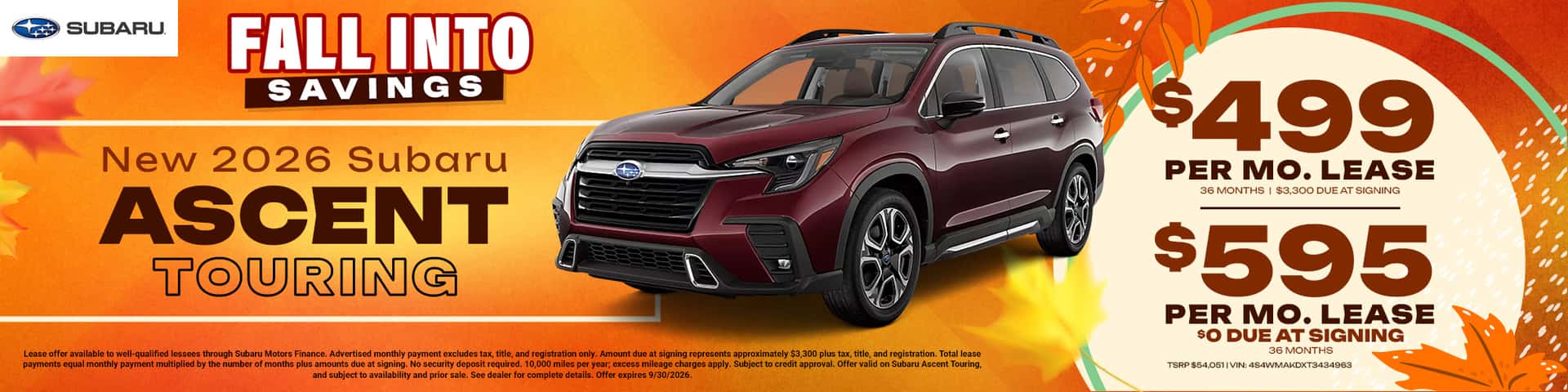 2026 Subaru Ascent: $595/month for 36 months w/ $0 down or $499/month for 36 months w/ $3300 down