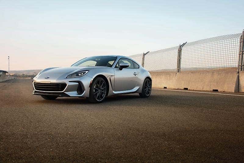 2023 Subaru BRZ in silver on the race track.