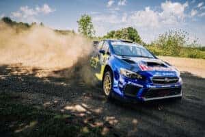 The driver Brandon Semenuk and co-driver Keaton Williams, the 2023 Subaru Motorsports USA team have two of the best in the ARA series. Here their Impreza takes a quick turn and throws up dirt as it drifts around the corner.