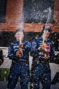 The driver Brandon Semenuk and co-driver Keaton Williams, the 2023 Subaru Motorsports USA team have two of the best in the ARA series. Here the young men celebrate victory with champagne flowing