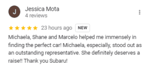 Jessica Mota's Google review for Michaela Hawley