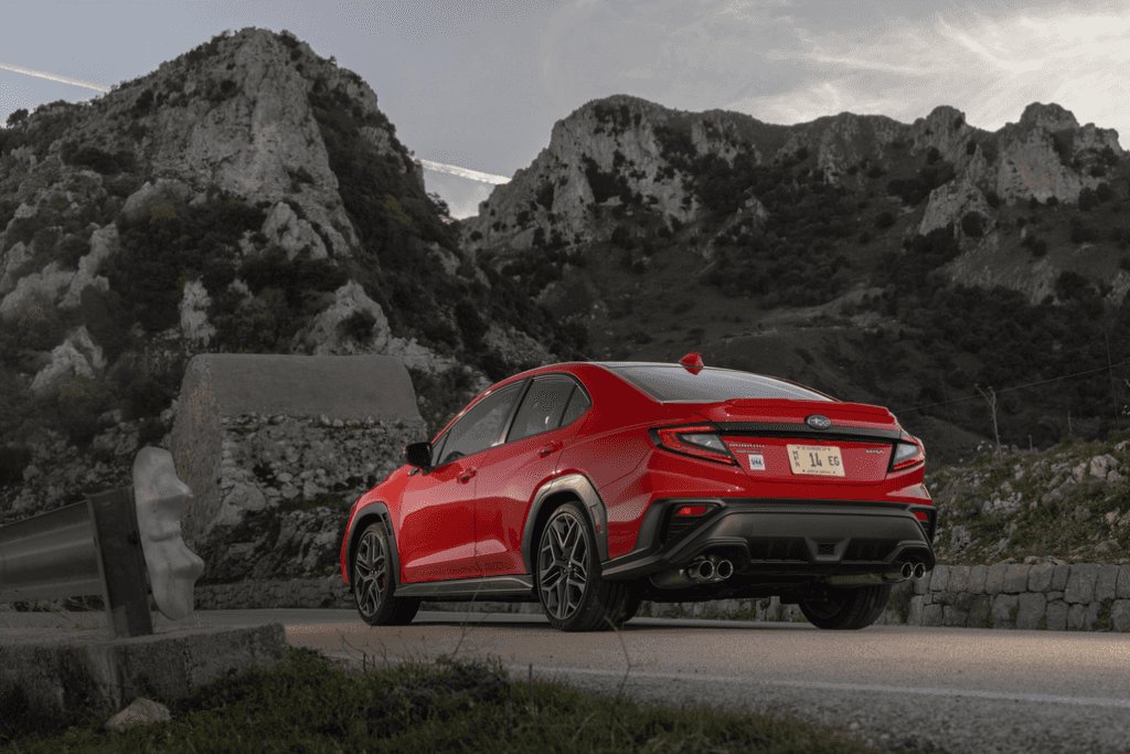 Subaru WRX Parked on a Mountain Road Rear 3/4 View