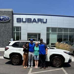 Virginia, from Gooding, Idaho, with Purchase Advisor Lizet Ramos, and her brand-new Crystal White Pearl 2025 Subaru Forester Sport at Twin Falls, Idaho's Twin Falls Subaru.