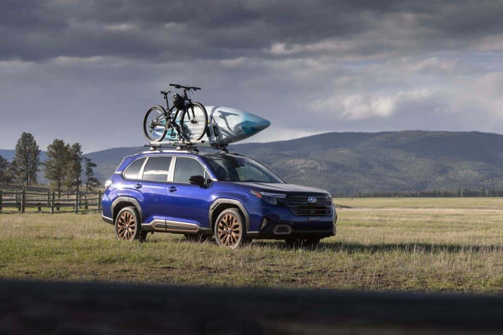 2025 Subaru Froester Front Side View with Accessories, Kayak, and Bike