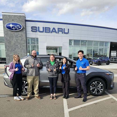 Lacey & Adam, from East Magic, Idaho with their Smoked Carbon 2024 Subaru Solterra Premium - assisted by Twin Falls Subaru Product Specialist Geno Semeraro in Twin Falls, Idaho