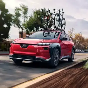 2026 Subaru Solterra Premium Elemental Red Pearl with bike rack