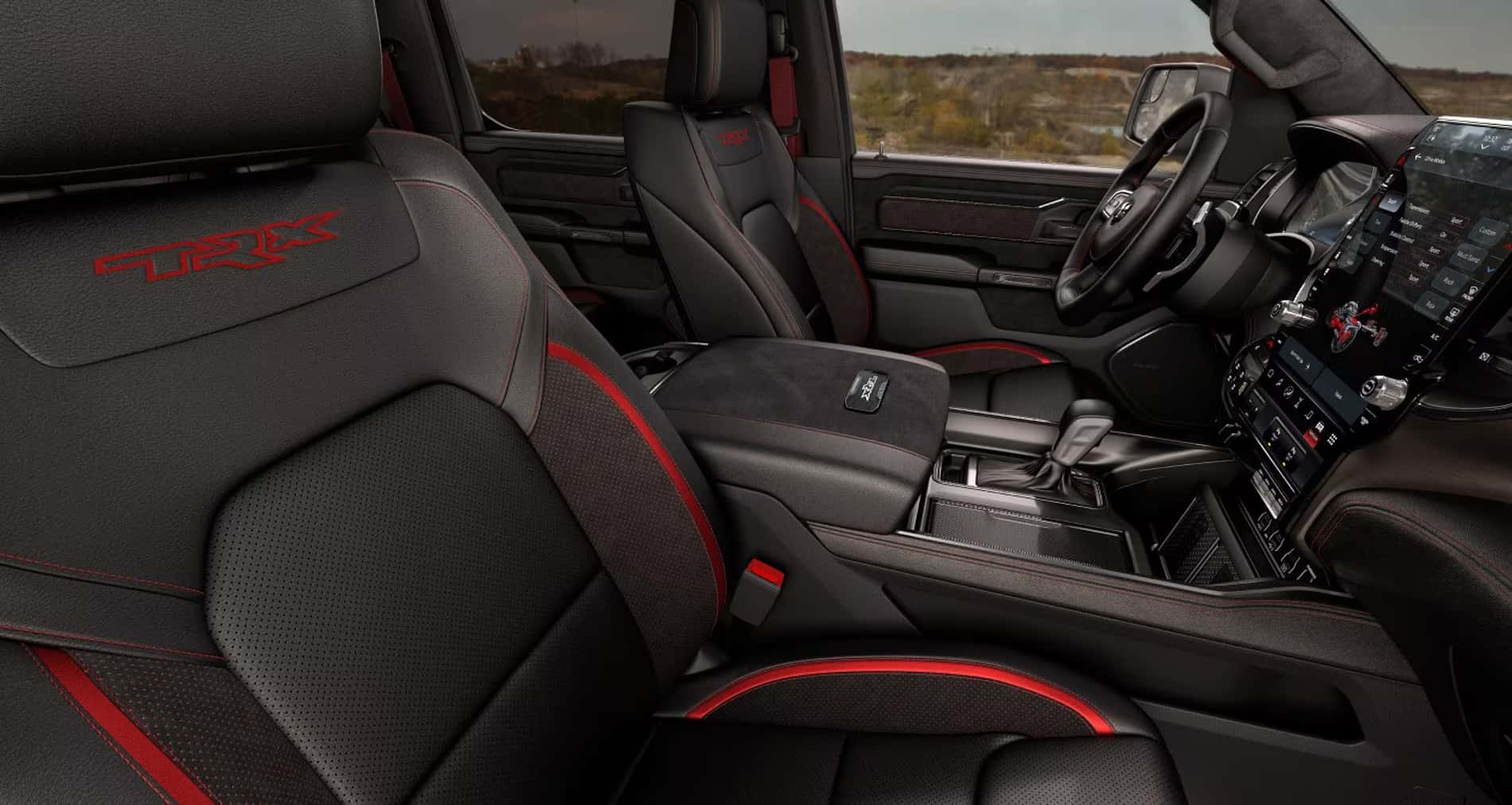 2027 Ram TRX SRT leather-trimmed interior with red accents and carbon-fiber trim