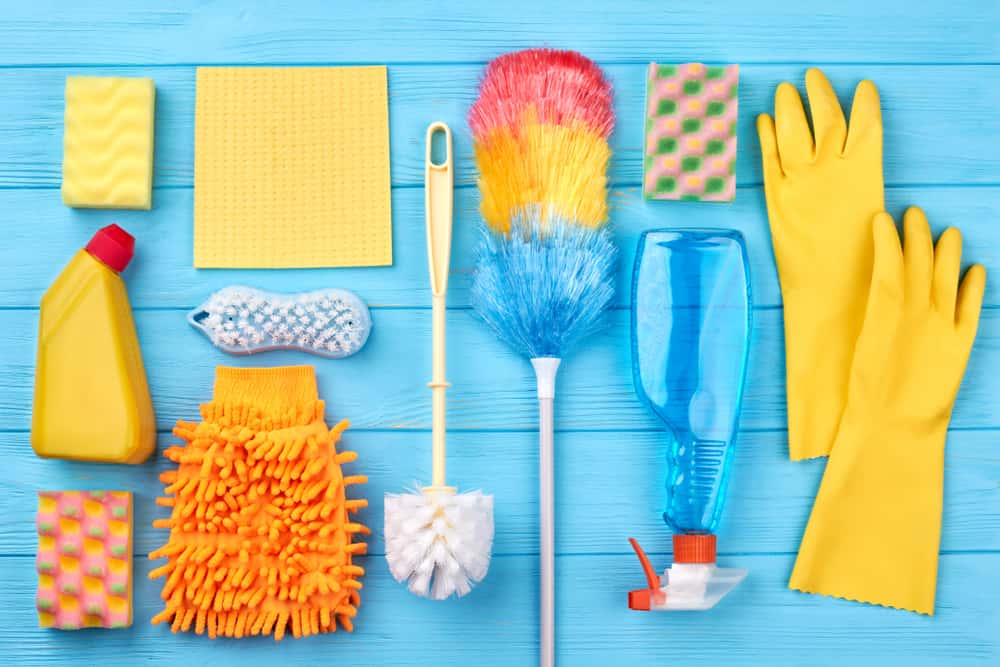 Colorful supplies to clean vomit from a car
