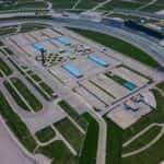 Aerial view of an oval speedway for racing
