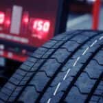 Car tire next to tire balancing machine