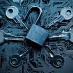 Padlock surrounded by keys security concept