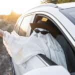 Person in a ghost costume on a road trip