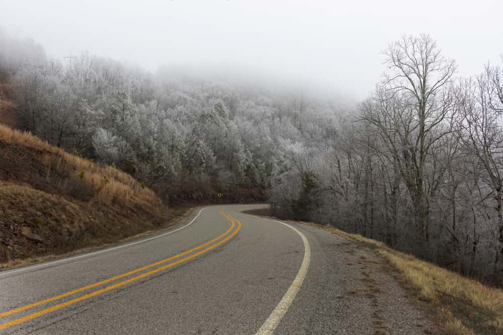 A frozen winter highway and landscape in the Ozarks