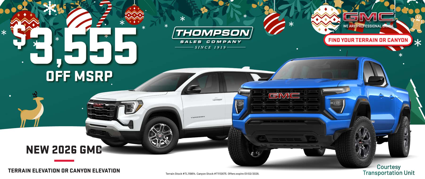 Save up to $3555 on a new 2026 GMC Terrain or Canyon