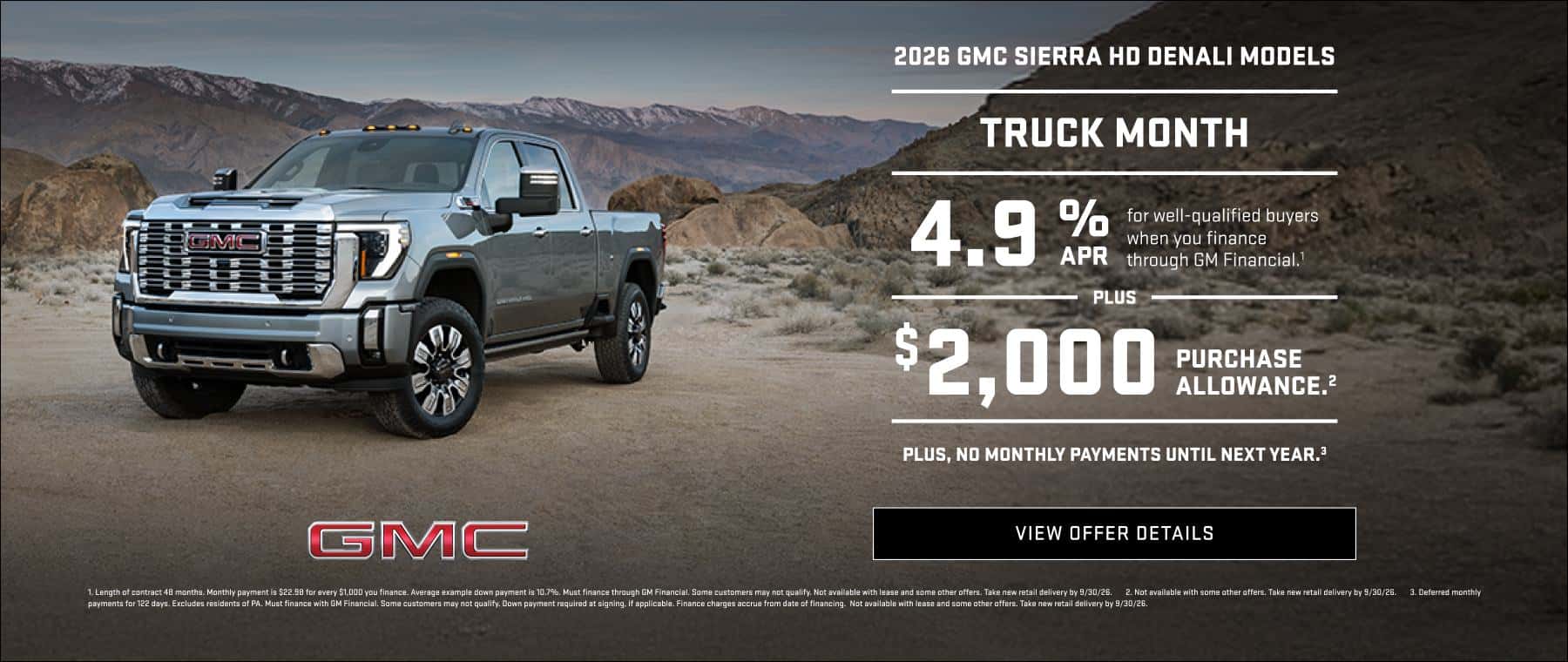 Get 4.9% APR plus $2000 purchase allowance on a new 2026 GMC Sierra HD