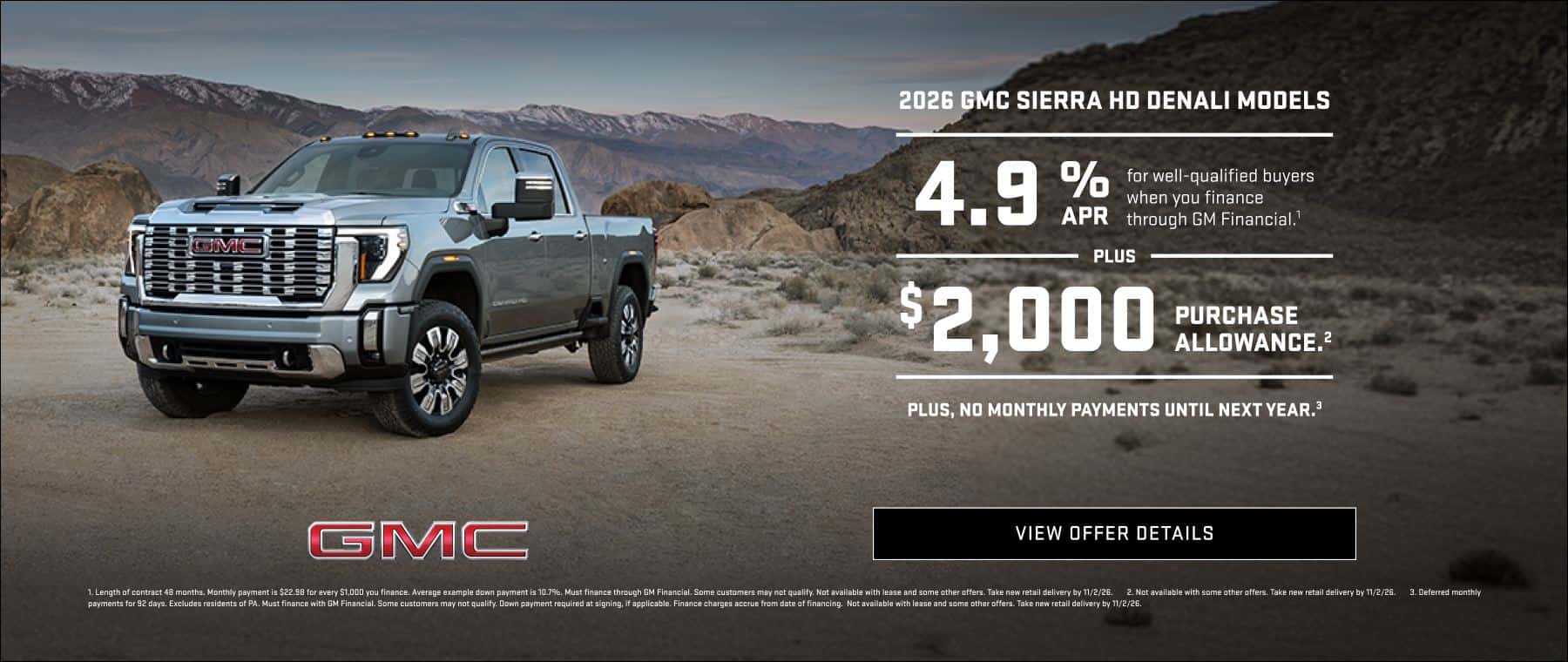 Get $2000 purchase allowance on new 2026 Sierra HD Denali models