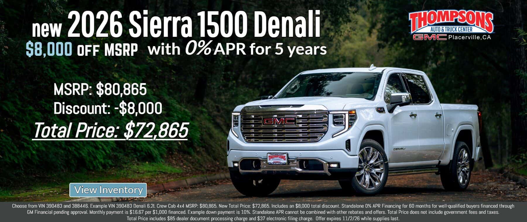 0% for 60 months with $8,000 off MSRP 2026 GMC Sierra 1500 AT4X sale offer in Placerville, CA
