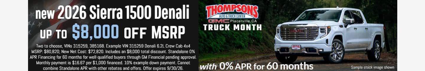 0% for 60 months with $8,000 off MSRP 2026 GMC Sierra 1500 AT4X sale offer in Placerville, CA