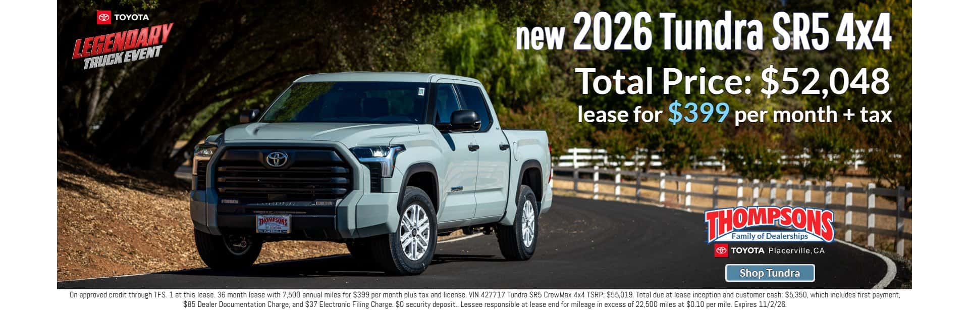 new 2026 Toyota Tundra SR5 $399 lease special Thompsons Toyota in Placerville