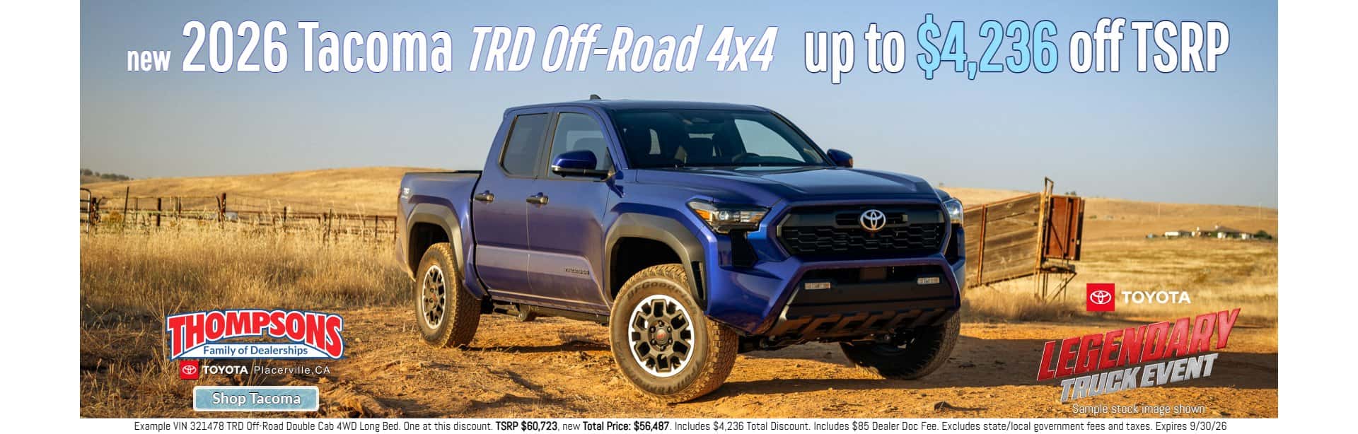 $4,236 off TSRP new 2026 toyota tacoma trd off-road in placerville, ca