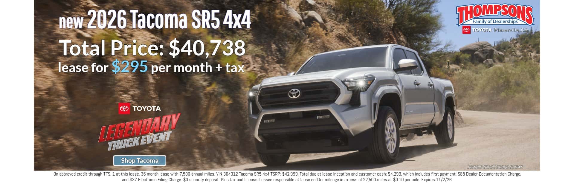 new 2026 Toyota tacoma $295 a month lease special at Thompsons Toyota in Placerville