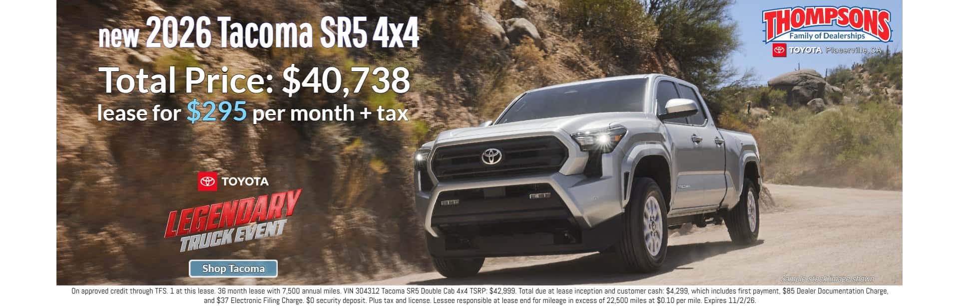 new 2026 Toyota tacoma $295 a month lease special at Thompsons Toyota in Placerville