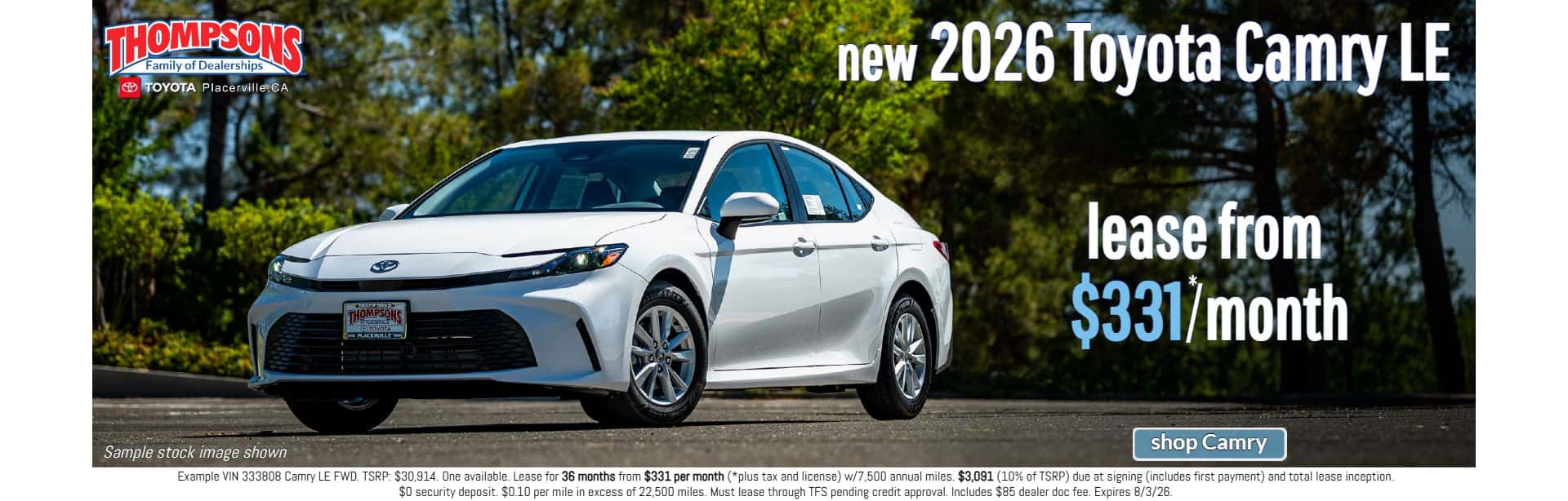 2026 toyota camry lease special $331 a month in placerville